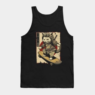 Skateboard Samurai Cat Tattoo, Kawaii Ninja Cat Tank Top